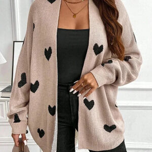 Coffee Brown Casual Women's Plus Size Heart Print Knitted Loose Cardigan